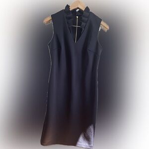 Calvin Klein Midi Ruffled V-Neck Black Dress Zippered Back